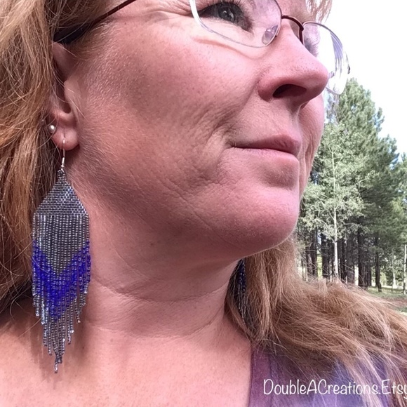 𝅺RAINBOW Gunmetal and Navy Beaded Earrings with Fringe - Picture 9 of 10